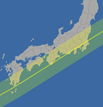 2012/5/21の金環食帯の大体の範囲（日本）